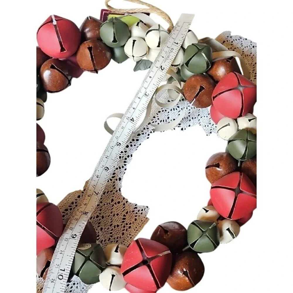 Rustic Christmas Jingle Bell Wreath Red Green Brown Metal Holiday Decor 10 Inch